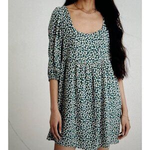 American Eagle Green Floral Mini Dress With Puff Sleeves Back Tie & Zipper Sz M